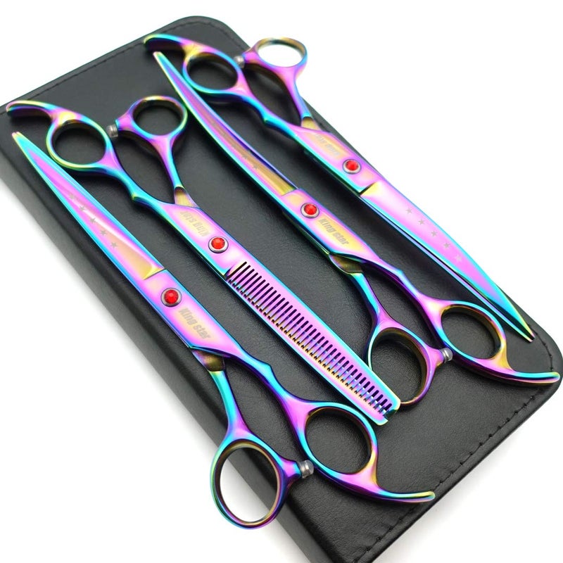 KINGSTAR 7.0in Titanium Rainbow Professional Pet Grooming Scissors Set,Straight & Thinning & Curved Scissors 4pcs Set for Dog Grooming,(Rainbow) - Image 1